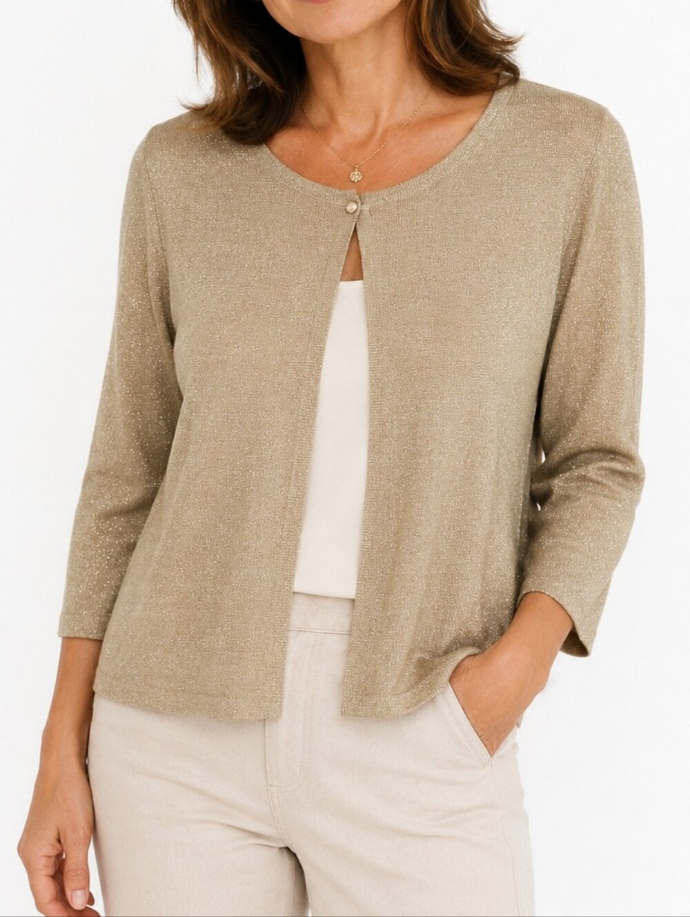 NWT Coldwater Creek Gold Sparkle Cardigan Womens L Metallic Shimmer Open Front